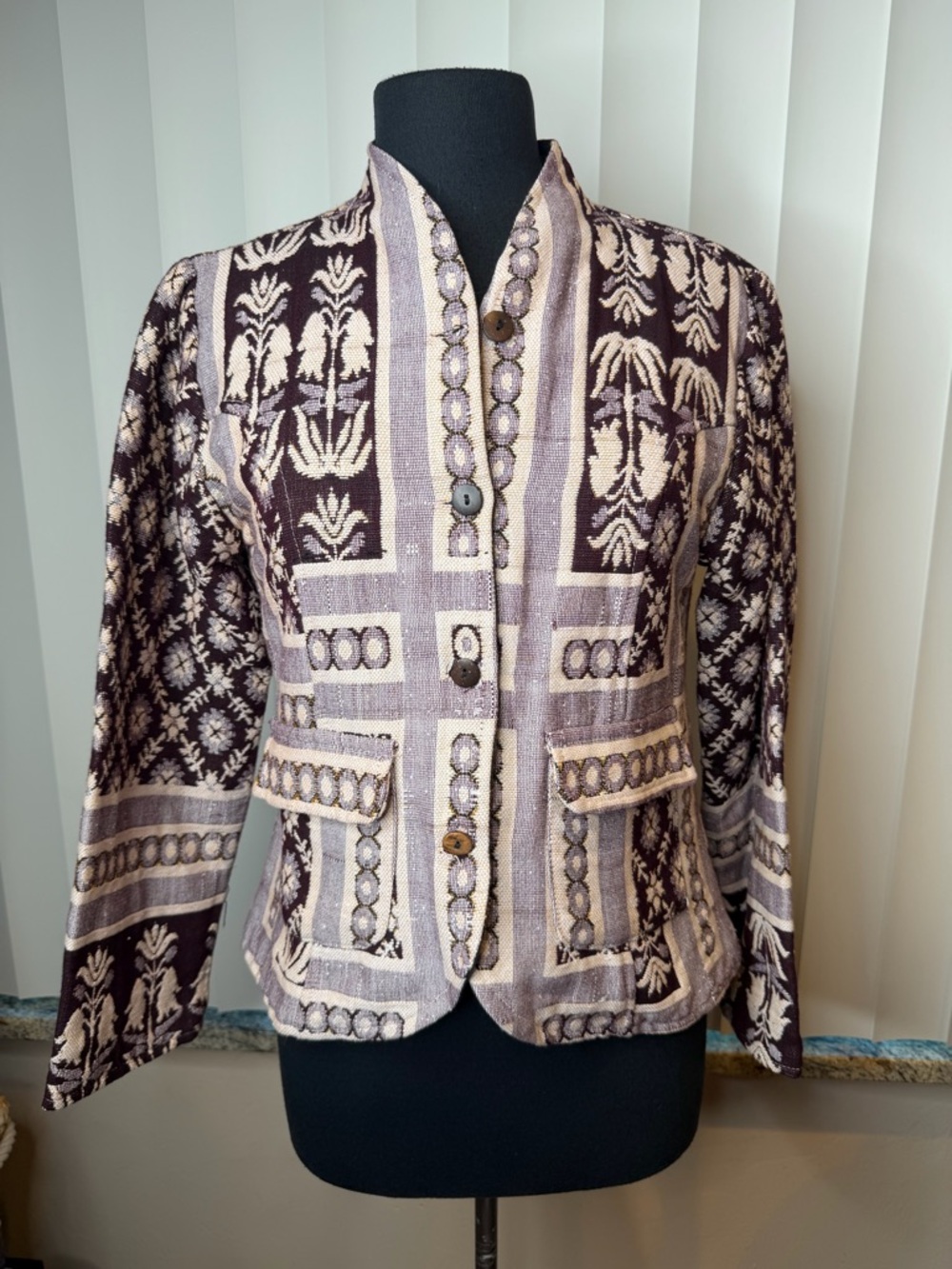 Jayli Burgundy Patterned Jacquard Button-Front 100% Cotton Jacket Size Small
